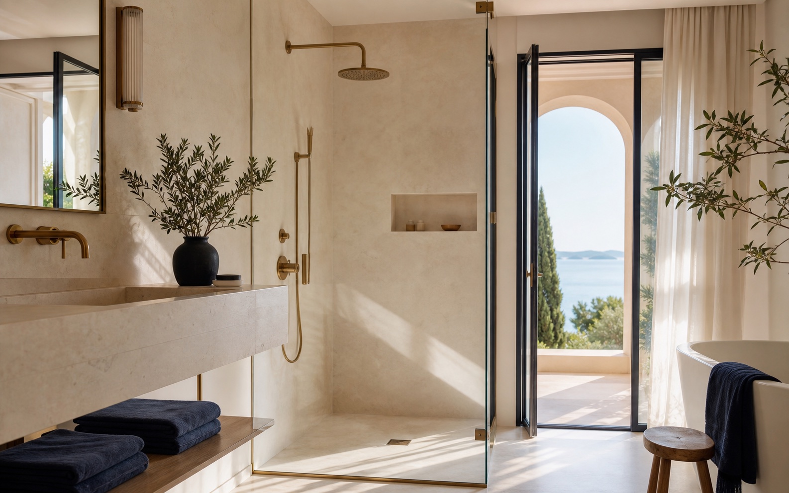 Salle de bain méditerranéenne en pierre claire avec robinetterie en laiton