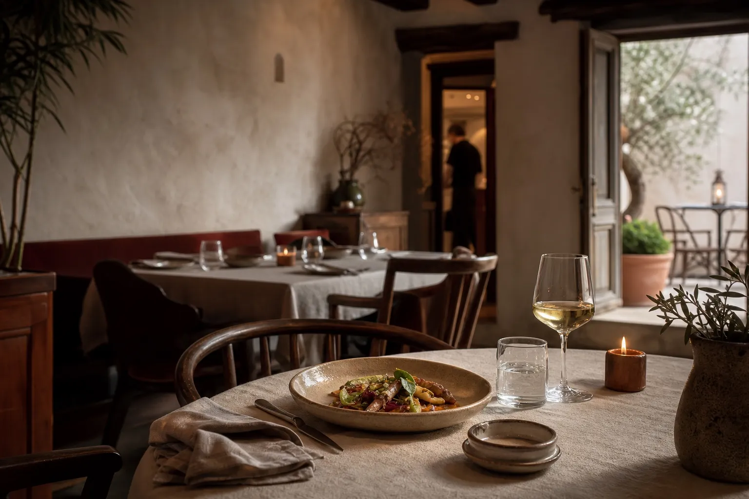 Table dressée dans un restaurant méditerranéen chaleureux